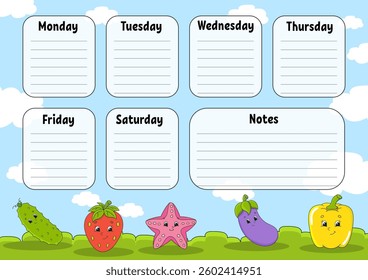 School timetable. For the education of children. Isolated on color background. With a cute cartoon character. Vector illustration.