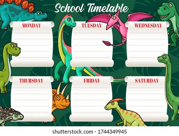 Calendrier scolaire ou modèle vectoriel de calendrier scolaire sur fond avec des animaux dinosaures. Cours d'étudiants ou calendrier de cours, planificateur d'études hebdomadaire avec monstres de dino, t-rex et triceratops