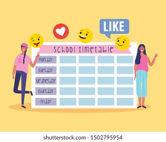 school timetable with emojis happy face smile face and students over yellow background. Vector illustration