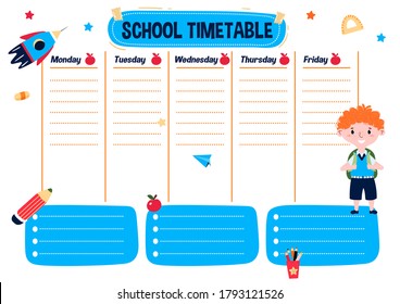 School Timetable In English With Day Of Week. Cartoon Schedule For Children With Boy In School Uniform With Bag. Chart For Weekly Lessons With Decorative Elements. Daily Education Plan.