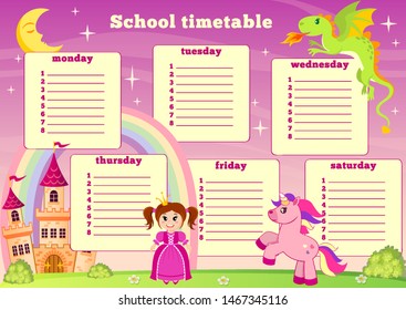 School timetable with fairytale princess, castle, unicorn, rainbow and dragon. Back to school