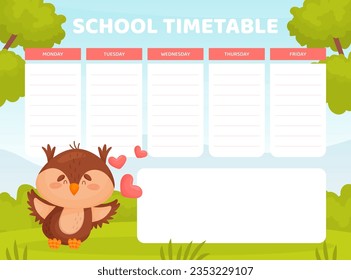 School Timetable with Funny Cartoon Owl Animal with Heart Feel Love Vector Template