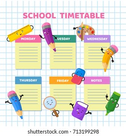 School Timetable With Funny Cartoon Stationery Characters. Children Weekly Class Schedule Vector Template. School Schedule Organizer Week Calendar Illustration