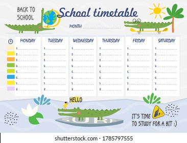 School timetable with funny crocodiles, weekly classes schedule on blackgboard in cartoon style. Vector school timetable sketch schedule, education supplies and student study timetable. Ready to print