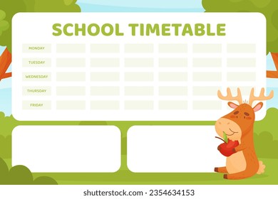 School Timetable with Funny Forest Elk Animal Eat Apple Vector Template