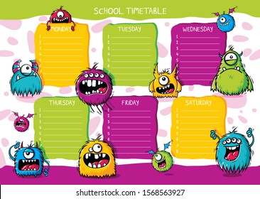 School timetable with funny furry monsters with different emotions