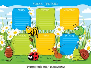 School timetable with funny insects in a flower meadow

