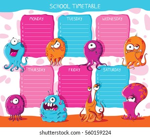 Horario escolar con monstruos graciosos