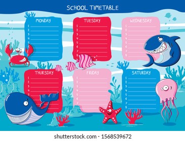 School timetable with funny sea animals