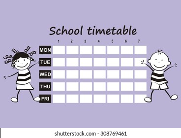 school timetable with girl and boy, comical kids, vector illustration