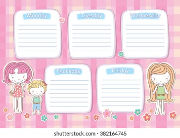 school timetable for girl, vector, pink colour, vector