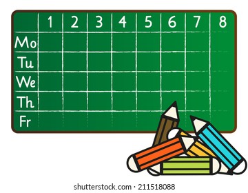 School timetable in greenboard (blackboard) style with pencils in front
