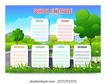 School timetable with greenery cartoon landscape vector illustration