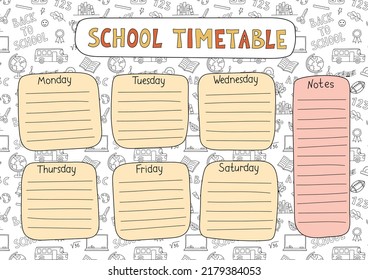 School timetable hand drawn design. Vector planner template for students. Funny doodle school schedule. Kids outline background.