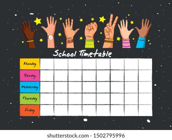 school timetable with up hands between stars over blackboard. vector illustration