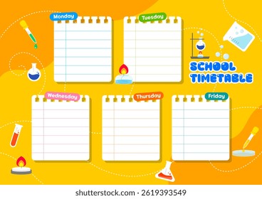 School Timetable Illustration with Science Experiment Decorations on a Bright Yellow Background. vector illustration.