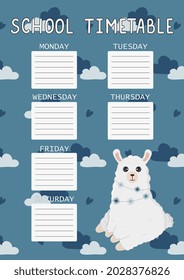 School timetable for kids with cute llama (alpaca) on blue background. Vector illustration.  Back to school
