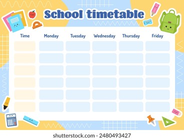 School timetable for kids, educational schedule, weekly planner, printable school schedule for children. School children routine timetable. Education, class, lessons plan. Back to school planner.