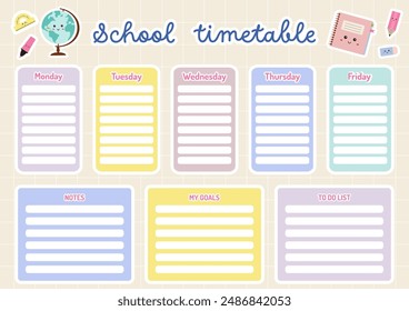 School timetable for kids, educational schedule, weekly planner, printable school schedule for children. School children routine timetable. Education, class, lessons plan. Back to school planner.