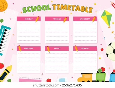 school timetable with kids elements and pink background.