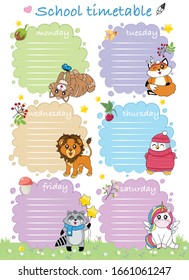School timetable for kids, kindergartens and elementary grades. Cute animals