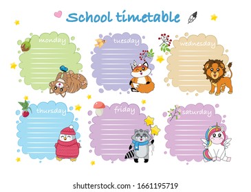 School timetable for kids, kindergartens and elementary grades. Cute animals, horizontal