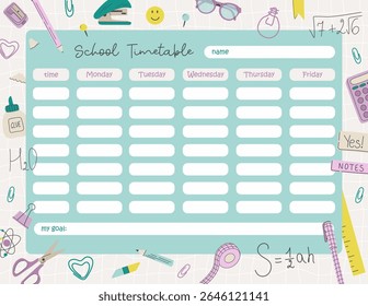School timetable for kids, printable school schedule for children. Weekly planner for elementary school pupils. Schedule design template with different stationery on a grid backdrop.
