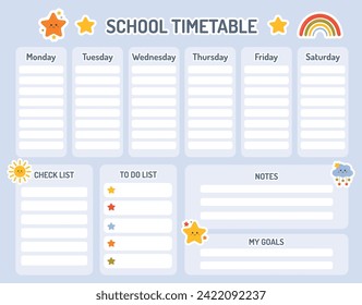 School timetable for kids. Weekly planner. Printable schedule for kids design template. Back to school planner. Cute planner for kids daily routine tracking with daily plans, notes, goals, to do list.