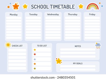 School timetable for kids, weekly planner, printable school schedule for children. School children routine. Education lessons plan, class planning, notes, goals, to do list. Back to school planner.