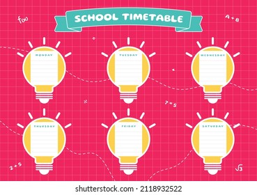 School timetable with lamps. Lessons weekly planner. Template for child planners. Weekly classes schedule. Vector illustration.