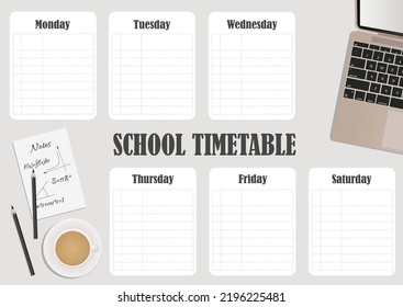 School timetable with a laptop and a cup of coffee . Landscape orientation. Vector illustration.