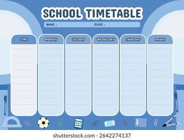 School Timetable with Learning Tools. Featuring School Supplies on blue background concept.