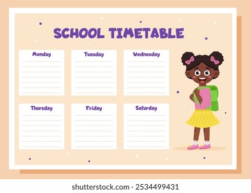 Horario escolar, horario de clases y Plantilla del organizador. Estudiar planificador semanal con colegiala.