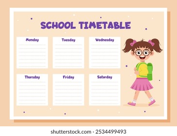 Horario escolar, horario de clases y Plantilla del organizador. Estudiar planificador semanal con colegiala.