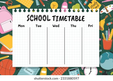 School timetable for lessons concept. Personal organizer and planner. Backpack and book with basketball. Days of week. Educational process and time management. Cartoon flat vector illustration