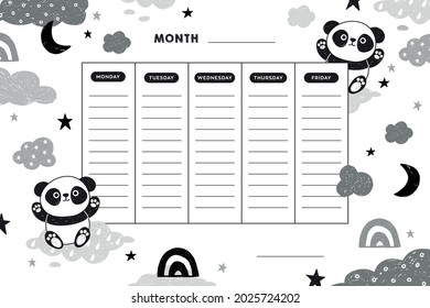 School Timetable. School lessons. Cute baby poster with pandas. Panda, stars, constellation, moon, sky. School poster. Printing on a notebook, poster, postcard.