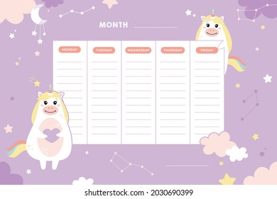 School Timetable. School lessons. Cute baby poster with unicorns. Unicorn, hors, stars, constellation, sky. School poster. Printing on a notebook, poster, postcard.