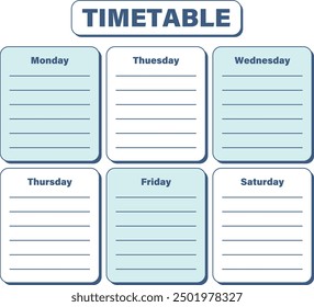 School Timetable for Lessons. Lined template Schedule for week. List of tasks, homework, household chores. Simple, rounded frames of day block. Blue and white color. Isolated. Vector illustration