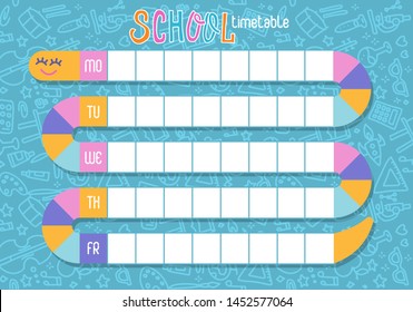 School timetable, Timetable of lessons for students with snake path. children design, Vector Template School weekly planning. hand drawn elements of supplies.Hand drawn doodle flat color illustration.