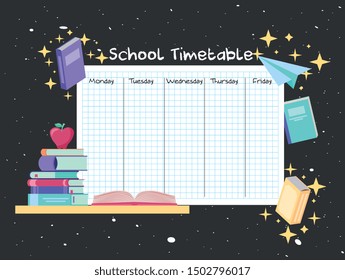 school timetable with magic books and paper plane over blackboard. Vector illustration