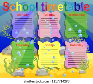 School timetable with marine themes, table, underwater world