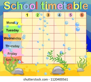 School timetable with marine themes, table, underwater world