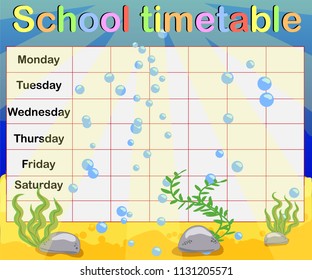School timetable with marine themes, table, underwater world