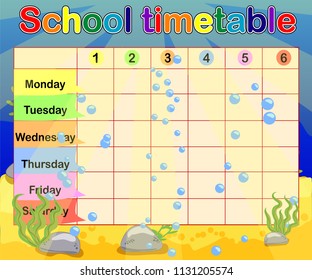 School timetable with marine themes, table, underwater world