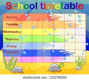 School timetable with marine themes, table, underwater world