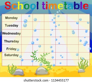 School timetable with marine themes, table, underwater world