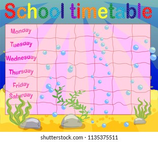 School timetable with marine themes, table, underwater world