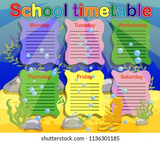 School timetable with marine themes, table, underwater world