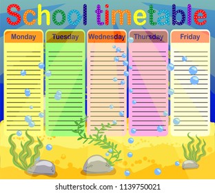 School timetable with marine themes, table, underwater world
