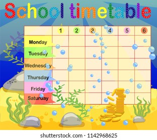 School timetable with marine themes, table, underwater world